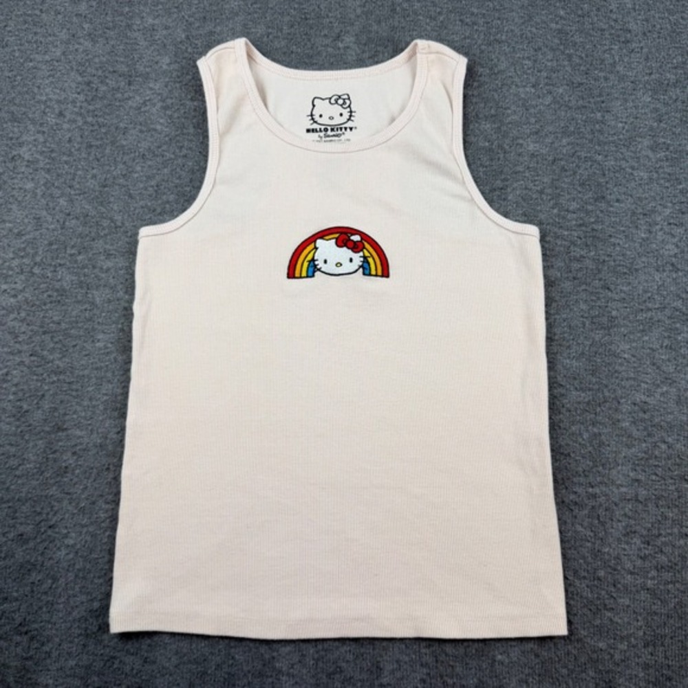 Hello Kitty Tank Top Women's L Pink Rainbow Embroidered Ribbed Racerback Sanrio